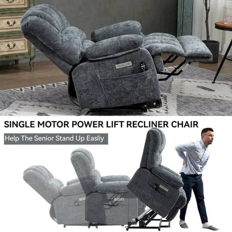 Fauteuil inclinable électrique grand format en chenille avec massage, chauffage, port USB et poches.
