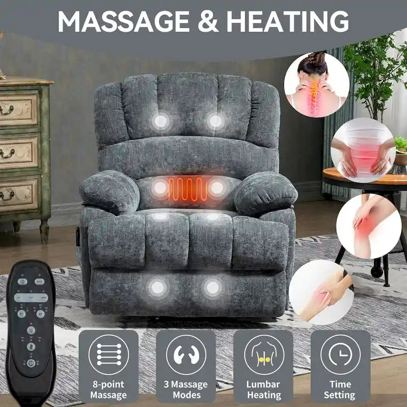 Fauteuil inclinable électrique grand format en chenille avec massage, chauffage, port USB et poches.