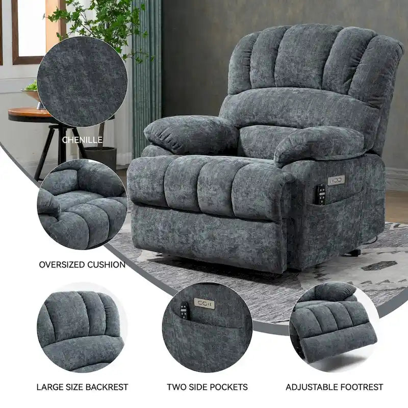 Fauteuil inclinable électrique grand format en chenille avec massage, chauffage, port USB et poches.