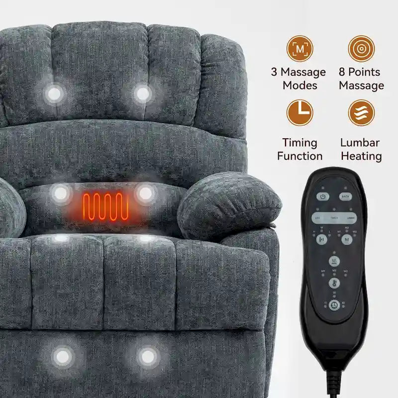 Fauteuil inclinable électrique grand format en chenille avec massage, chauffage, port USB et poches.