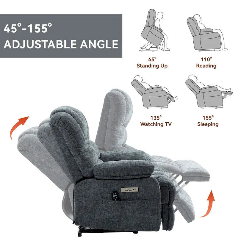 Fauteuil inclinable électrique grand format en chenille avec massage, chauffage, port USB et poches.