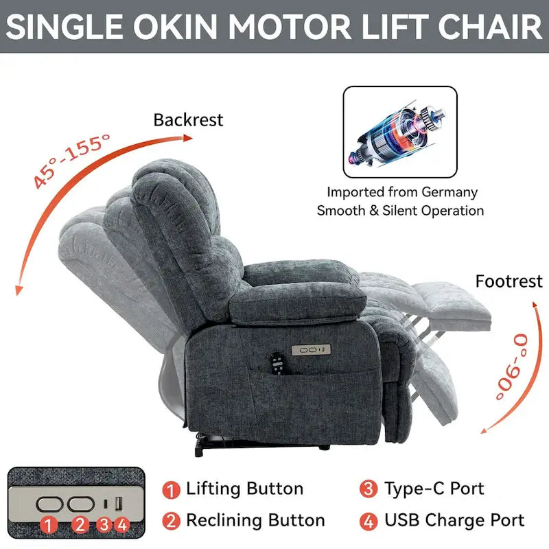 Fauteuil inclinable électrique grand format en chenille avec massage, chauffage, port USB et poches.