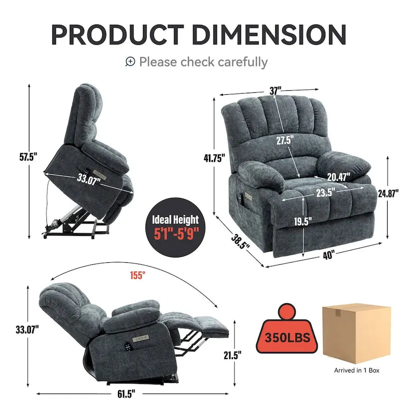 Fauteuil inclinable électrique grand format en chenille avec massage, chauffage, port USB et poches.