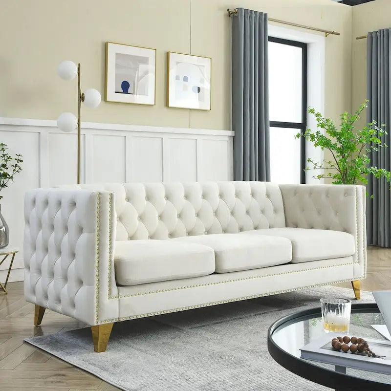 Canapé moderne en velours avec capitonnage et pieds en métal