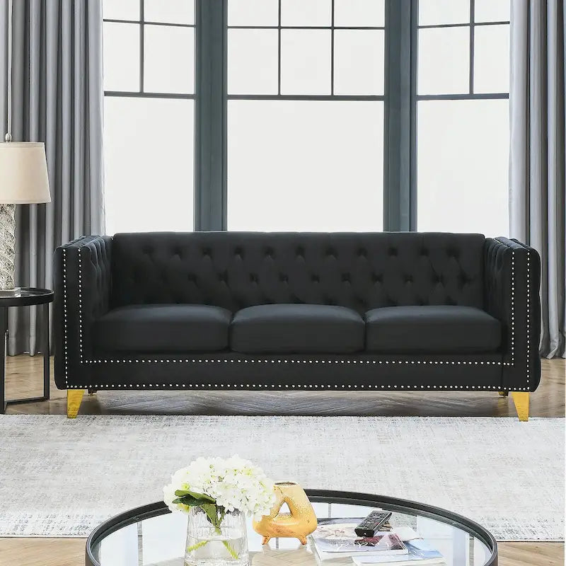 Canapé moderne en velours avec capitonnage et pieds en métal