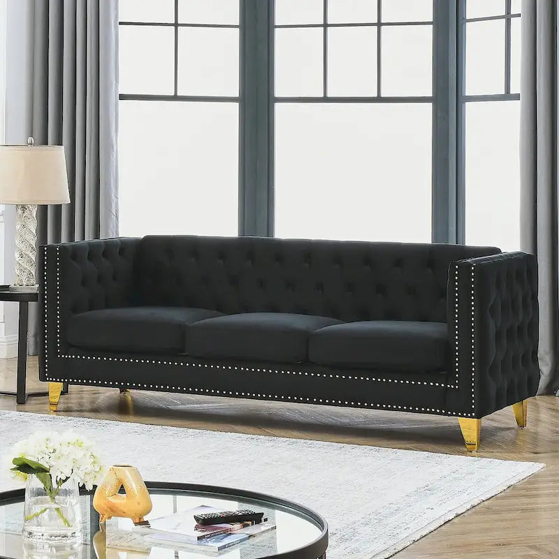 Canapé moderne en velours avec capitonnage et pieds en métal