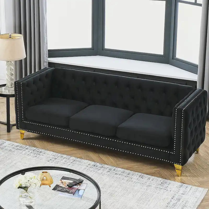 Canapé moderne en velours avec capitonnage et pieds en métal