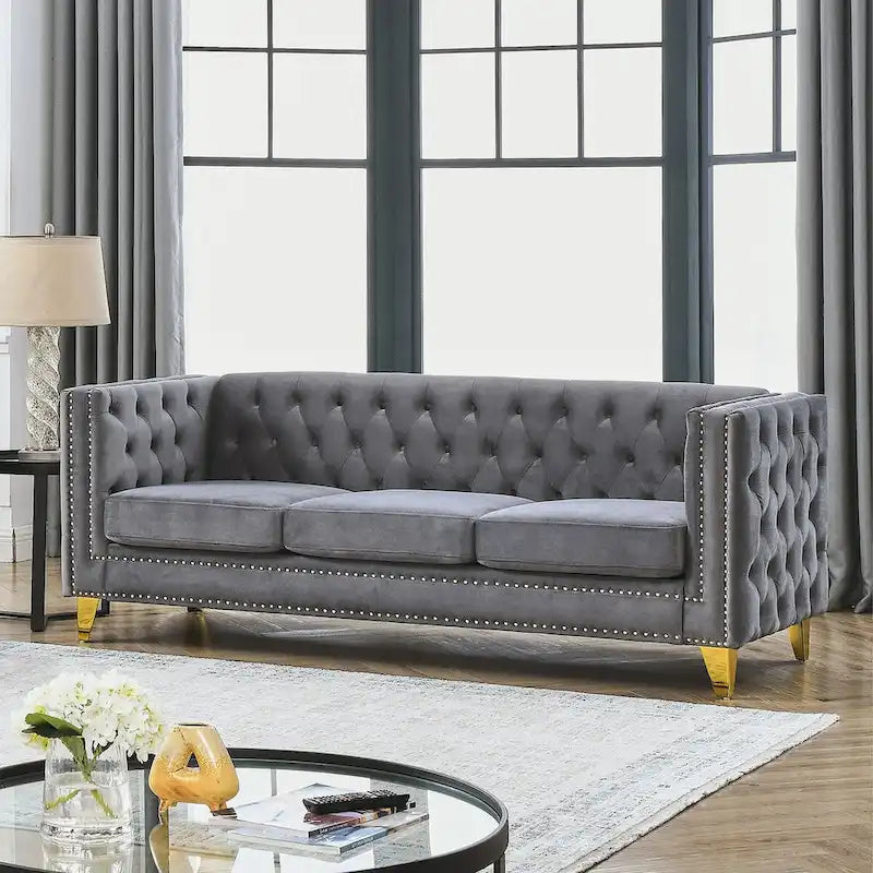 Canapé moderne en velours avec capitonnage et pieds en métal