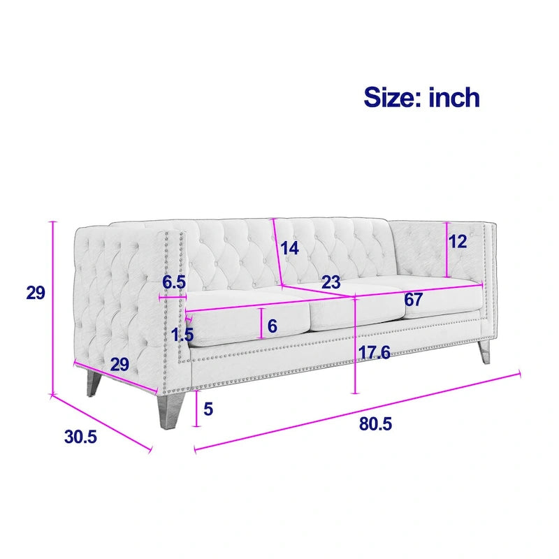 Canapé moderne en velours avec capitonnage et pieds en métal