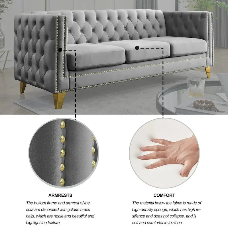 Canapé moderne en velours avec capitonnage et pieds en métal