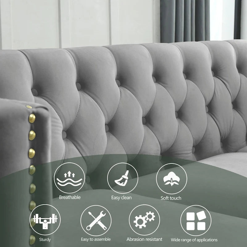 Canapé moderne en velours avec capitonnage et pieds en métal