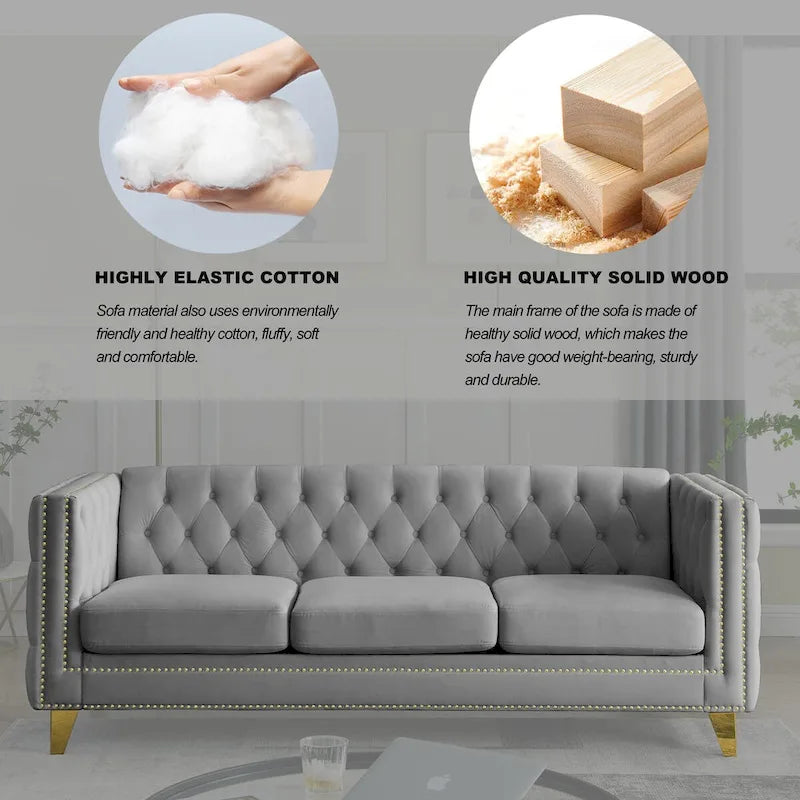 Canapé moderne en velours avec capitonnage et pieds en métal