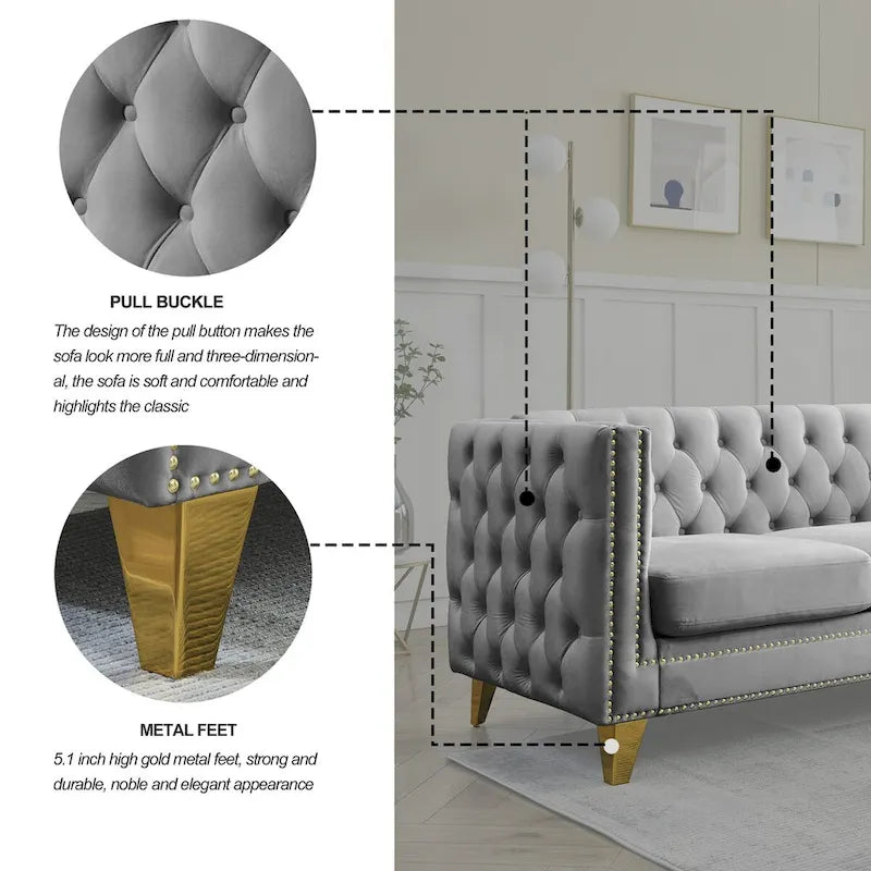 Canapé moderne en velours avec capitonnage et pieds en métal