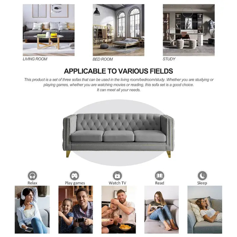 Canapé moderne en velours avec capitonnage et pieds en métal
