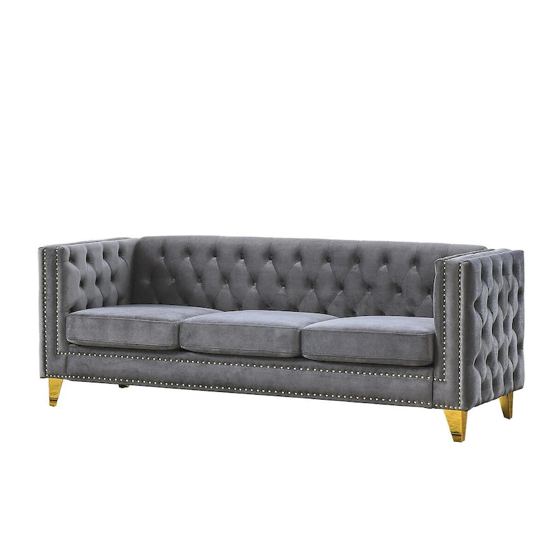 Canapé moderne en velours avec capitonnage et pieds en métal