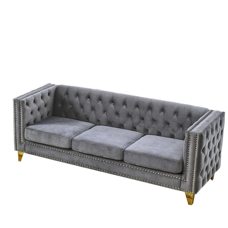 Canapé moderne en velours avec capitonnage et pieds en métal