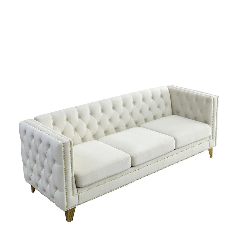 Canapé moderne en velours avec capitonnage et pieds en métal