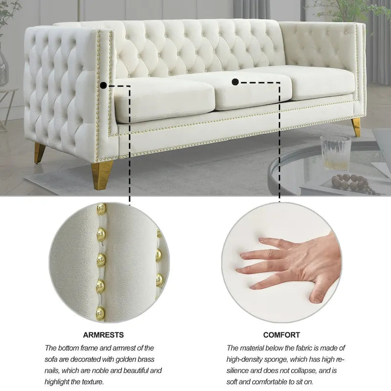 Canapé moderne en velours avec capitonnage et pieds en métal