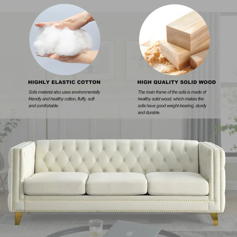 Canapé moderne en velours avec capitonnage et pieds en métal