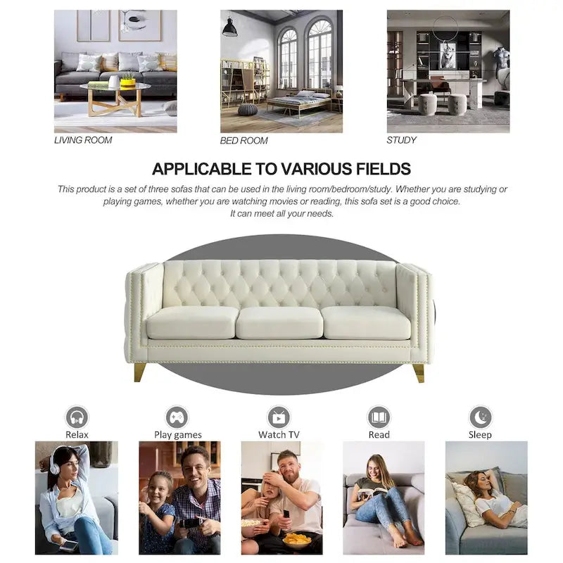 Canapé moderne en velours avec capitonnage et pieds en métal