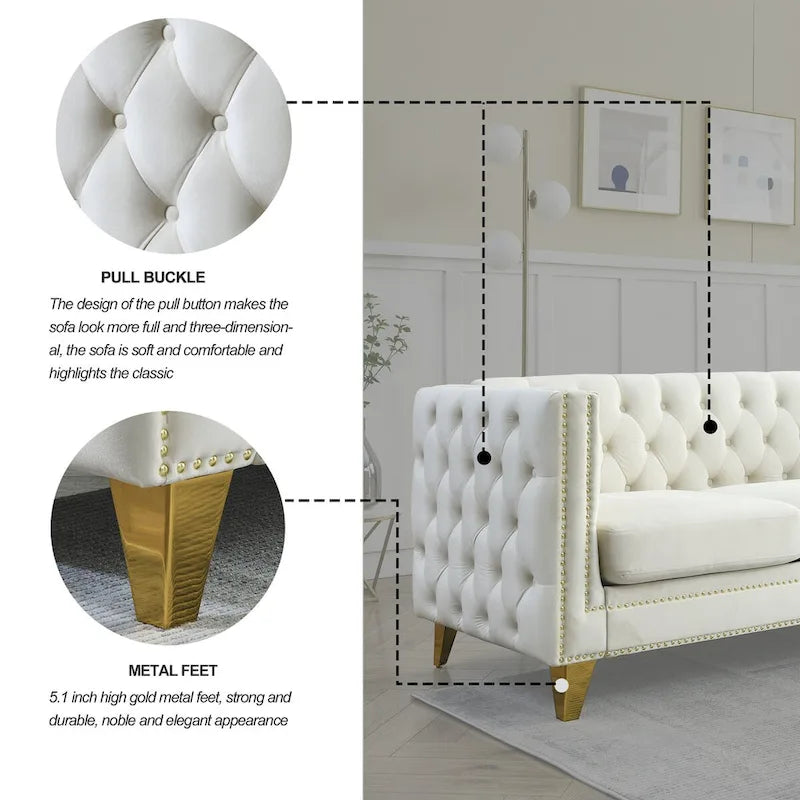 Canapé moderne en velours avec capitonnage et pieds en métal