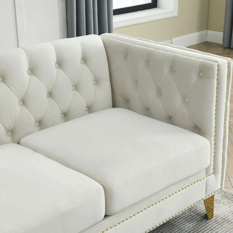 Canapé moderne en velours avec capitonnage et pieds en métal