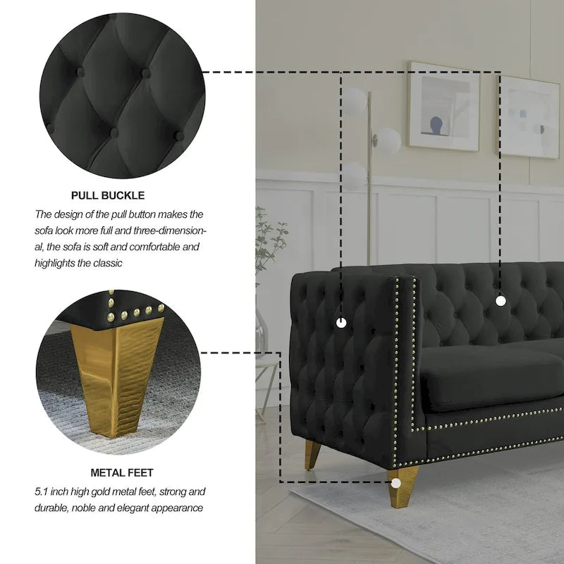 Canapé moderne en velours avec capitonnage et pieds en métal