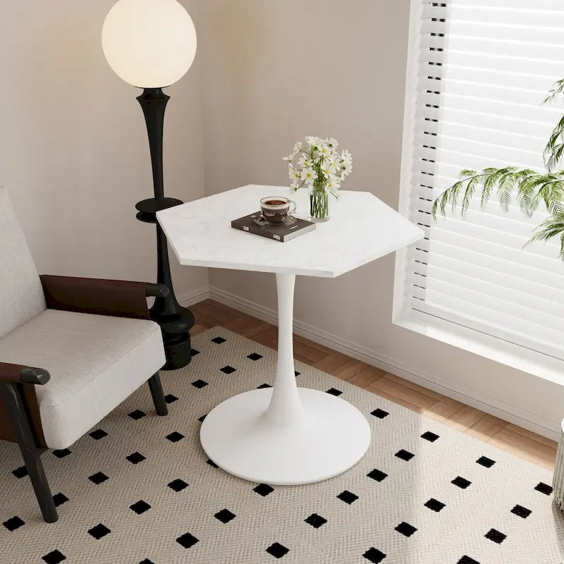 31.50 Table Basse Hexagonale Moderne avec Plateau en Marbre Imprimé et Base en Métal pour Salle à Manger, Cuisine et Salon