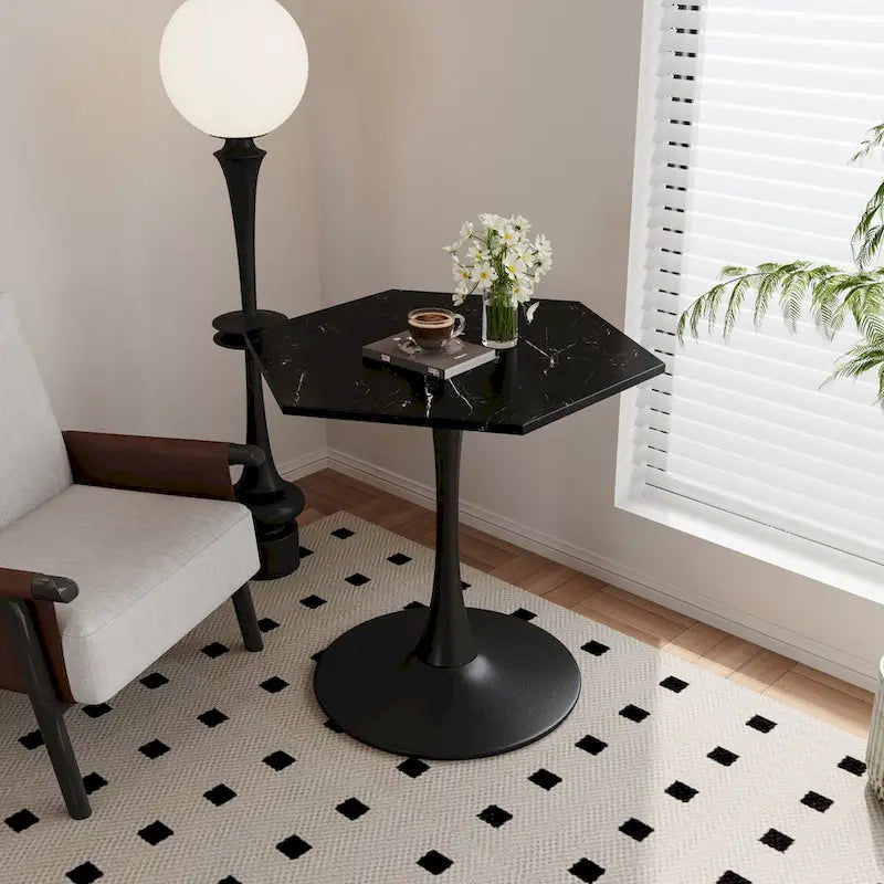 31.50 Table Basse Hexagonale Moderne avec Plateau en Marbre Imprimé et Base en Métal pour Salle à Manger, Cuisine et Salon