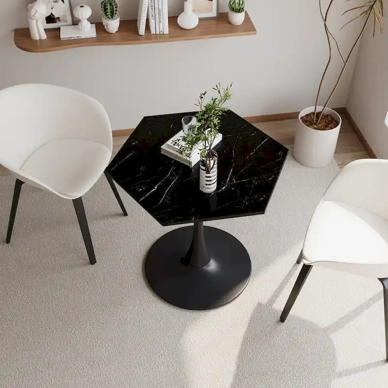 31.50 Table Basse Hexagonale Moderne avec Plateau en Marbre Imprimé et Base en Métal pour Salle à Manger, Cuisine et Salon
