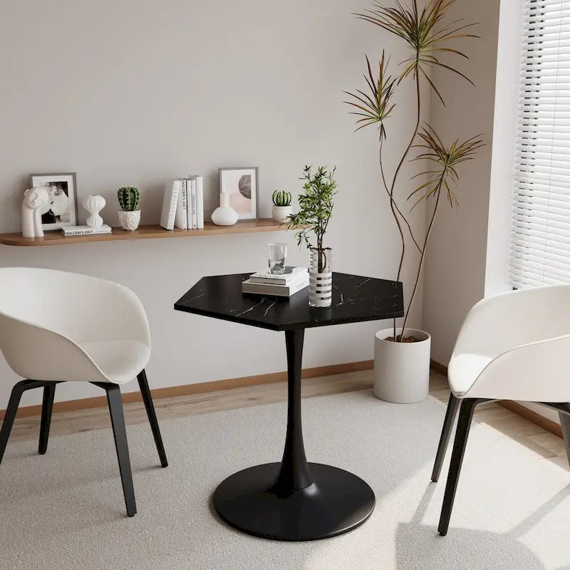 31.50 Table Basse Hexagonale Moderne avec Plateau en Marbre Imprimé et Base en Métal pour Salle à Manger, Cuisine et Salon
