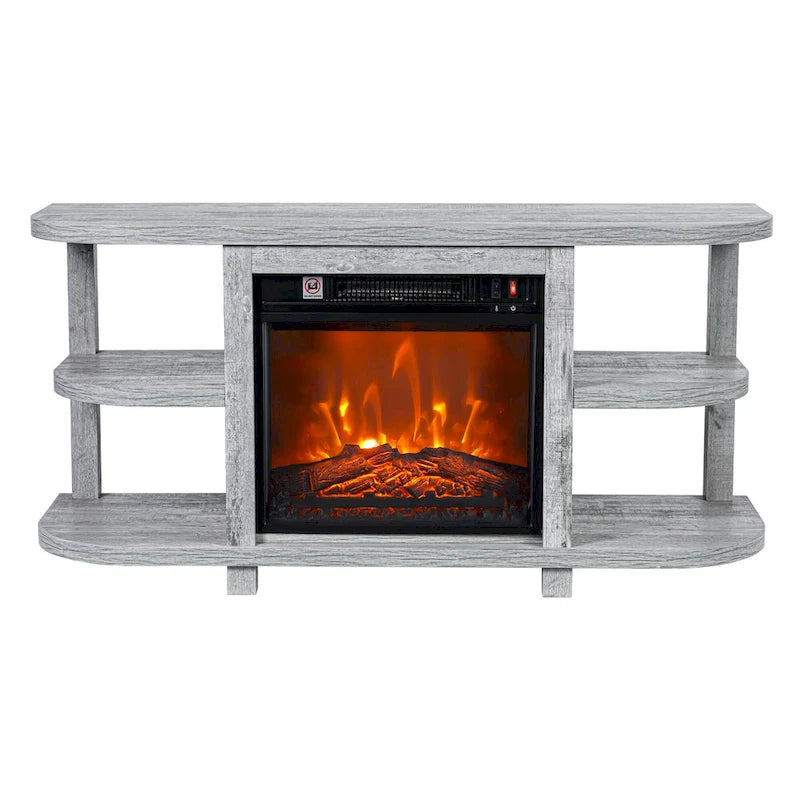 Meuble TV en bois gris clair de 48 po avec foyer électrique encastrable noir de 18 po