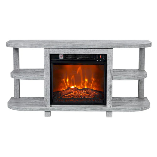 Meuble TV en bois gris clair de 48 po avec foyer électrique encastrable noir de 18 po