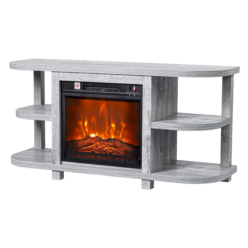 Meuble TV en bois gris clair de 48 po avec foyer électrique encastrable noir de 18 po