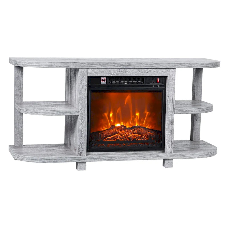 Meuble TV en bois gris clair de 48 po avec foyer électrique encastrable noir de 18 po
