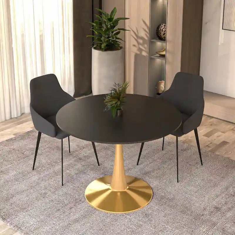 LeisureMod Bristol 40 Round Dining Table for 4 with MDF Tabletop in Gold Steel Base for Kitchen & Dining Room
