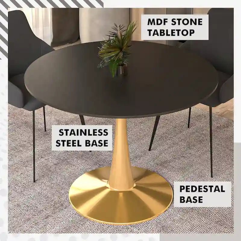 Table de salle à manger ronde de 40 pouces pour 4 personnes avec plateau en MDF et piètement en acier doré pour cuisine et salle à manger