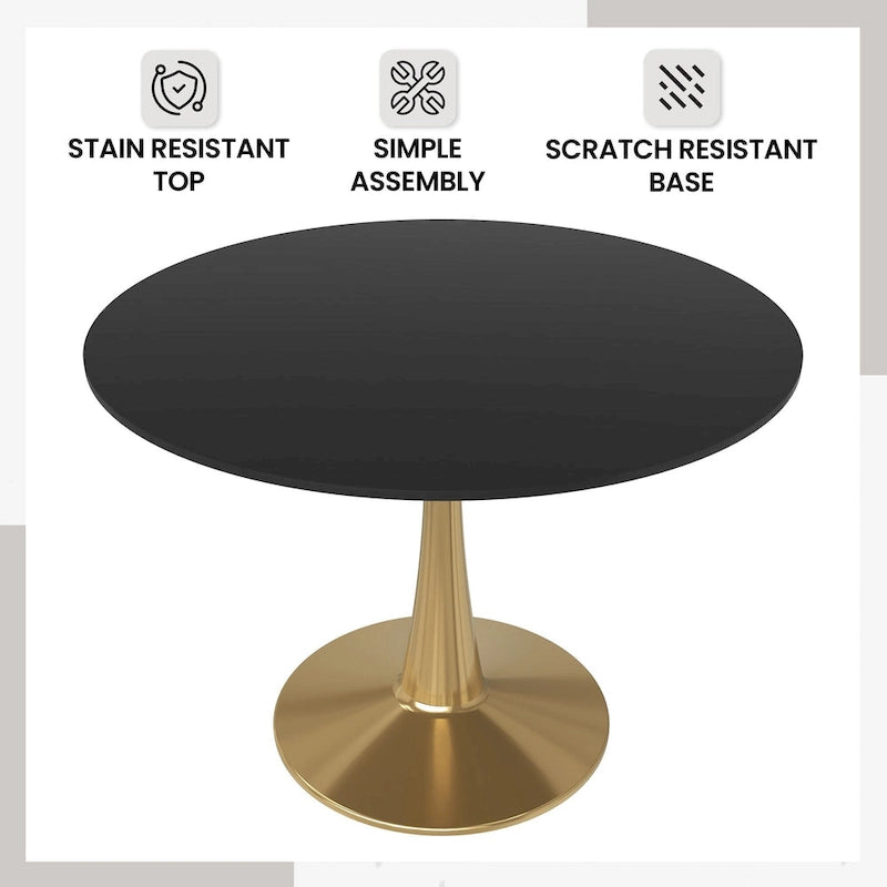 Table de salle à manger ronde de 40 pouces pour 4 personnes avec plateau en MDF et piètement en acier doré pour cuisine et salle à manger