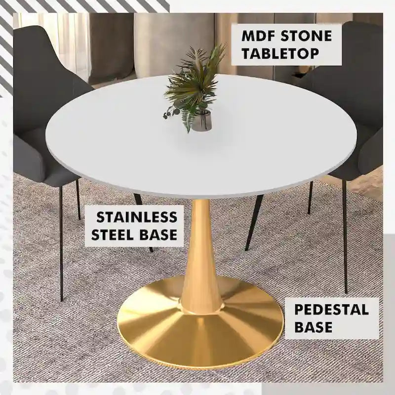 Table de salle à manger ronde de 40 pouces pour 4 personnes avec plateau en MDF et piètement en acier doré pour cuisine et salle à manger