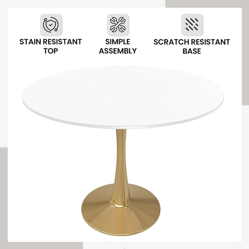 Table de salle à manger ronde de 40 pouces pour 4 personnes avec plateau en MDF et piètement en acier doré pour cuisine et salle à manger