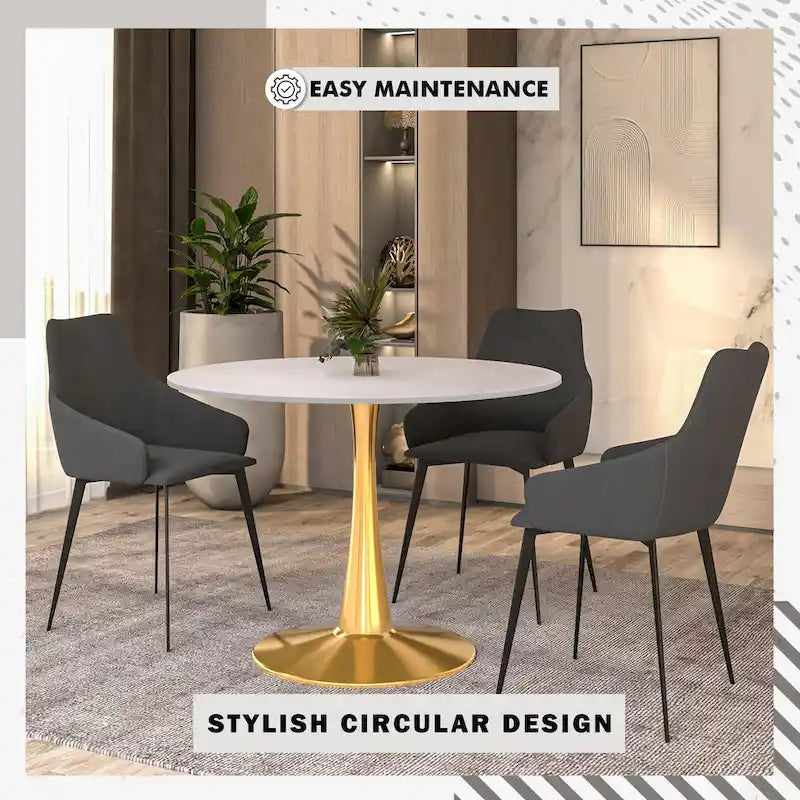 Table de salle à manger ronde de 40 pouces pour 4 personnes avec plateau en MDF et piètement en acier doré pour cuisine et salle à manger