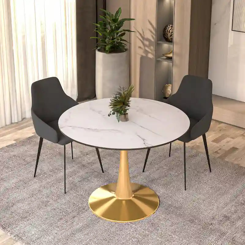 Table de salle à manger ronde de 40 pouces pour 4 personnes avec plateau en MDF et piètement en acier doré pour cuisine et salle à manger