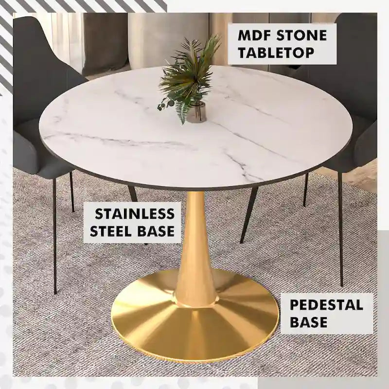 Table de salle à manger ronde de 40 pouces pour 4 personnes avec plateau en MDF et piètement en acier doré pour cuisine et salle à manger