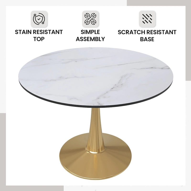 Table de salle à manger ronde de 40 pouces pour 4 personnes avec plateau en MDF et piètement en acier doré pour cuisine et salle à manger