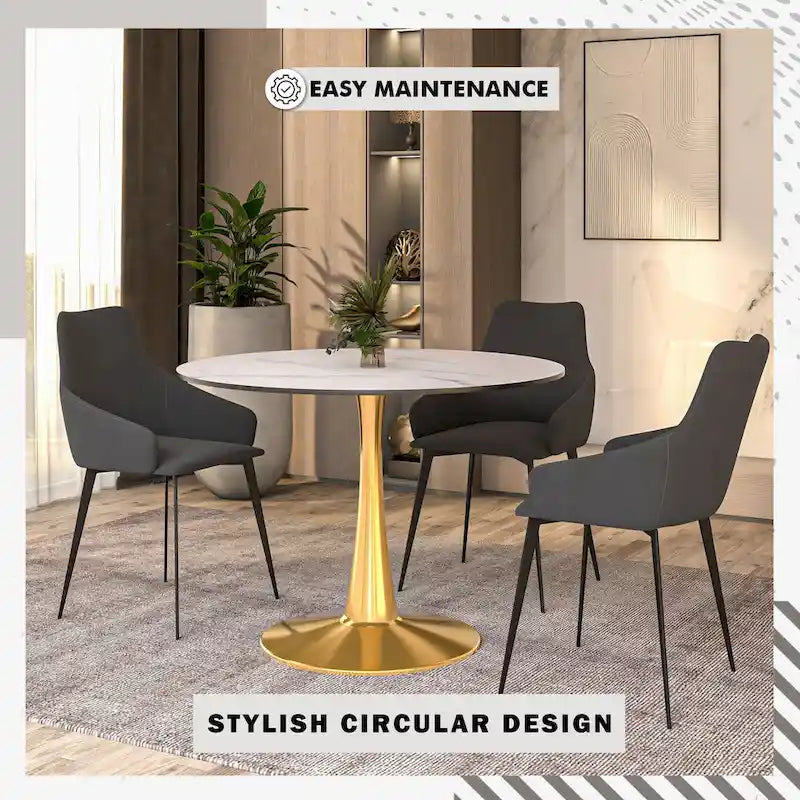 Table de salle à manger ronde de 40 pouces pour 4 personnes avec plateau en MDF et piètement en acier doré pour cuisine et salle à manger