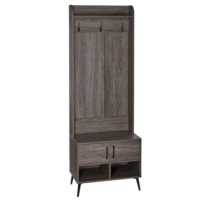 Porte-manteau d'entrée, équipé d'un banc, d'un meuble à chaussures, de patères et de compartiments de rangement – grain de bois vieilli.