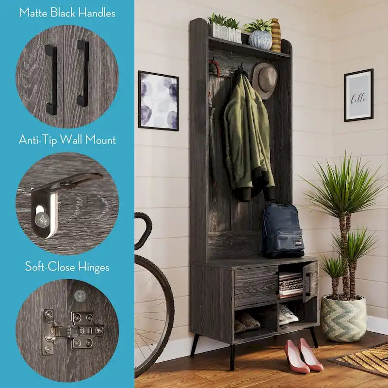 Porte-manteau d'entrée, équipé d'un banc, d'un meuble à chaussures, de patères et de compartiments de rangement – grain de bois vieilli.