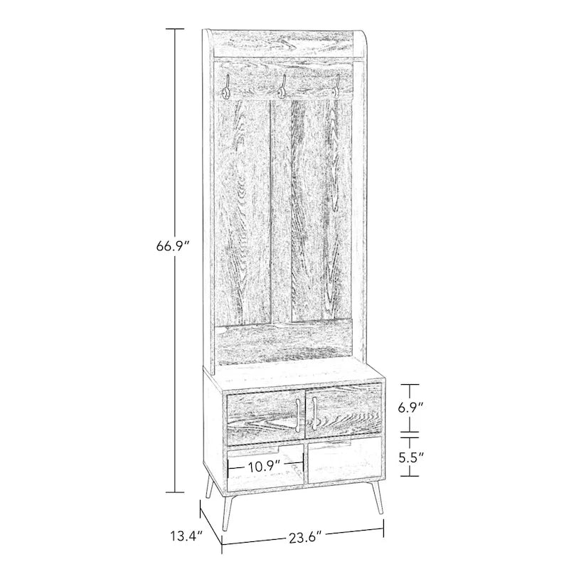 Porte-manteau d'entrée, équipé d'un banc, d'un meuble à chaussures, de patères et de compartiments de rangement – grain de bois vieilli.