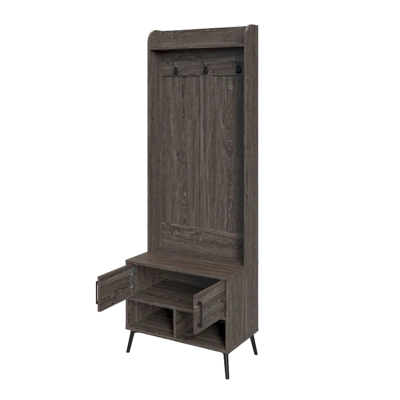 Porte-manteau d'entrée, équipé d'un banc, d'un meuble à chaussures, de patères et de compartiments de rangement – grain de bois vieilli.