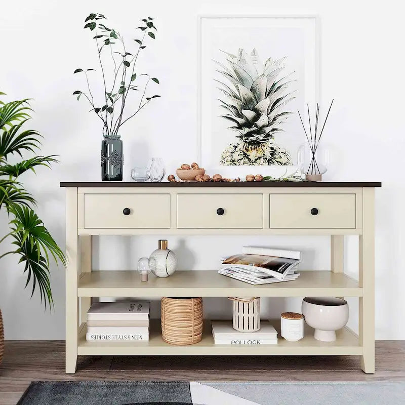 Table console de 50 L au design rétro avec deux étagères ouvertes, cadre et pieds en pin massif